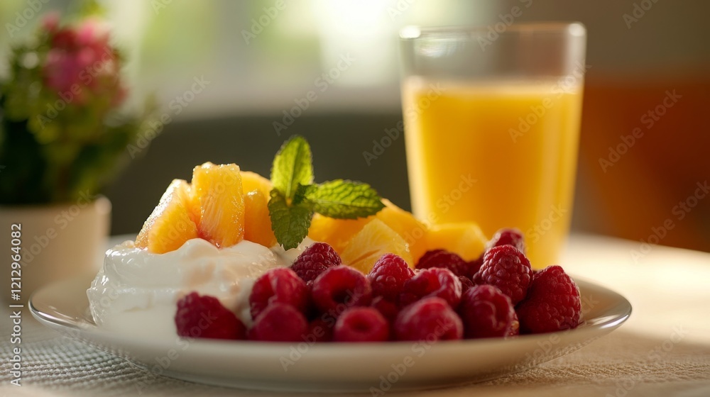 Vibrant and Healthy Breakfast of Yogurt with Peaches, Raspberries, and Pineapple Vibrant and Healthy Breakfast of Yogurt with Peaches, Raspberries, and Pineapple