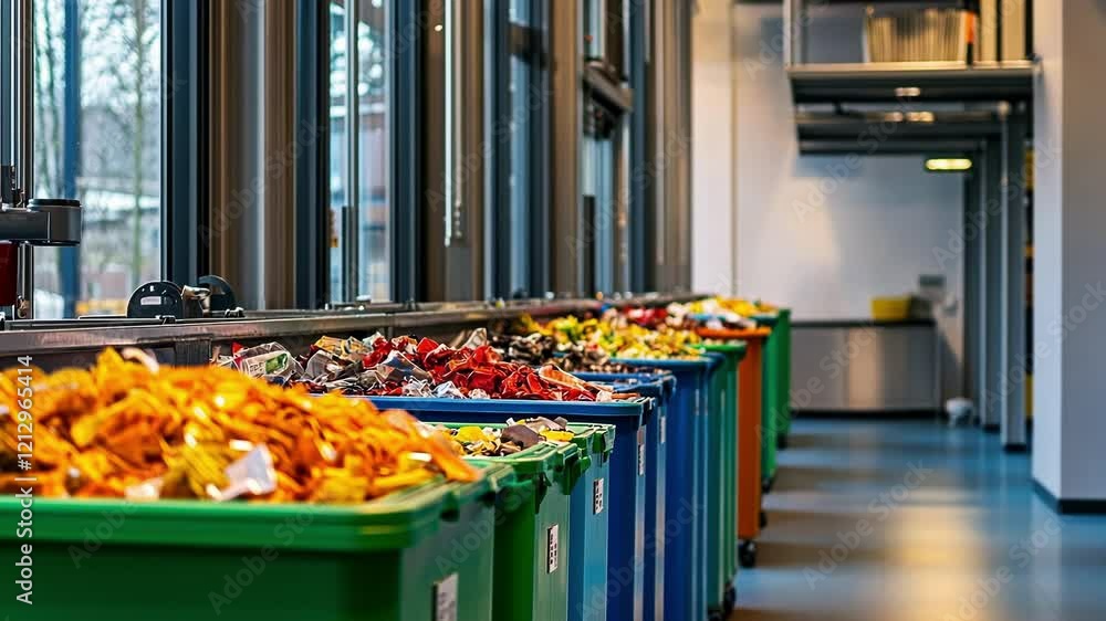 Large containers filled with various sorted waste line up in a waste sorting plant, awaiting further processing and recycling for a more sustainable future