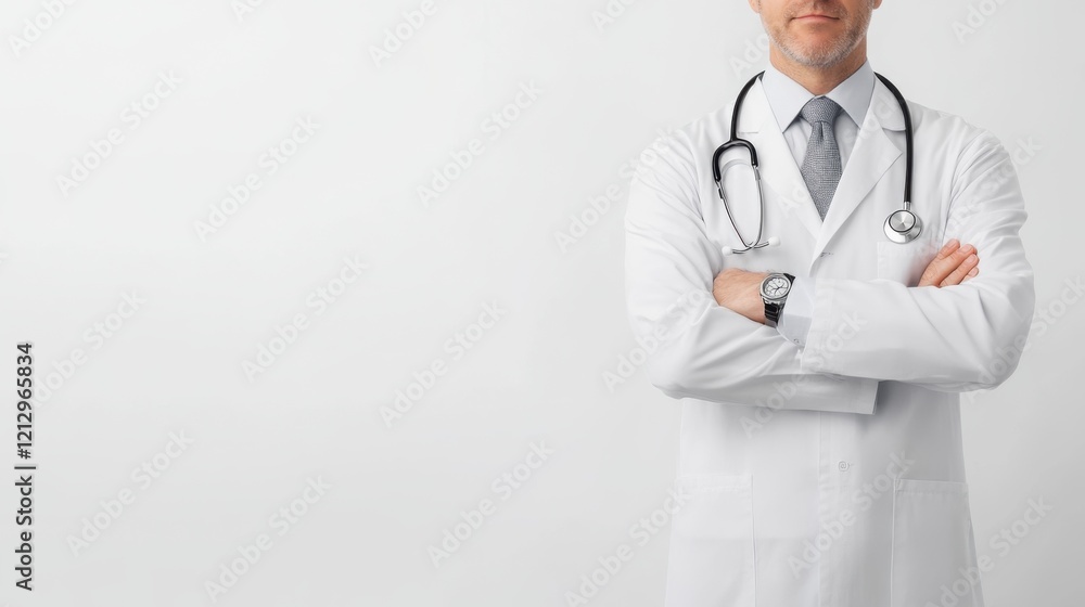 Professional Male Doctor in White Coat with Stethoscope Posing Confidently Against a Light Background Professional Male Doctor in White Coat with Stethoscope Posing Confidently Against a Light Background
