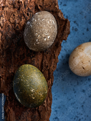 Natural stones shaped like eggs sit on a textured background. The earthy tones and unique textures highlight the beauty of these natural artifacts, creating an artistic display photo