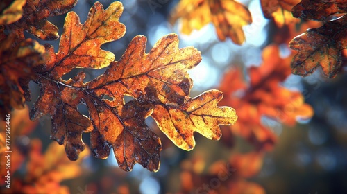 Wallpaper Mural Glowing oak leaves on branch in autumn forest with bokeh background. Torontodigital.ca