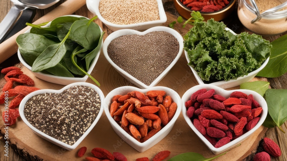 Fresh and vibrant assortment of healthy superfoods, including goji berries and quinoa, arranged in heart-shaped bowls for a nutritious lifestyle. Fresh and vibrant assortment of healthy superfoods, including goji berries and quinoa, arranged in heart-shaped bowls for a nutritious lifestyle.