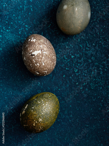 Three beautifully crafted easter eggs in shades of brown and green are arranged artistically on a contrasting dark blue surface, enhancing their natural texture and color photo