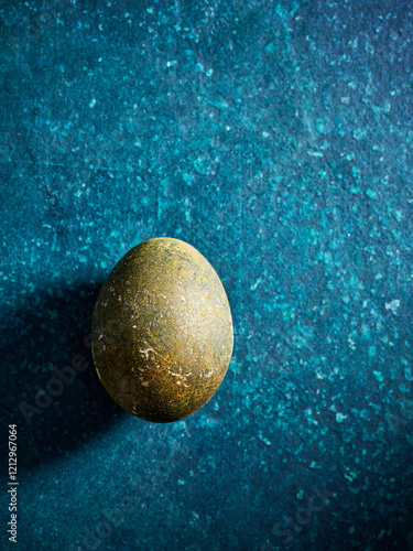 A uniquely textured egg is placed on a vibrant blue surface. The shadows cast add depth to the visual, enhancing the natural patterns and colors of the egg's surface photo