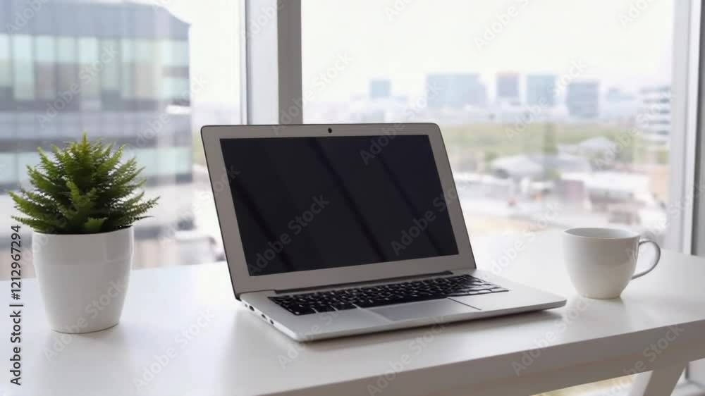 A laptop is open on a table with a potted plant next to it. The laptop is black and the plant is green. The scene is set in a city with a view of the skyline. Scene is calm and focused A laptop is open on a table with a potted plant next to it. The laptop is black and the plant is green. The scene is set in a city with a view of the skyline. Scene is calm and focused