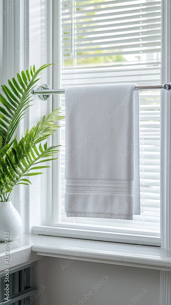 Fototapeta premium A simple yet stylish bathroom displays a pristine white towel hanging on a chrome bar. The space includes a sleek sink and a touch of greenery, creating a fresh atmosphere