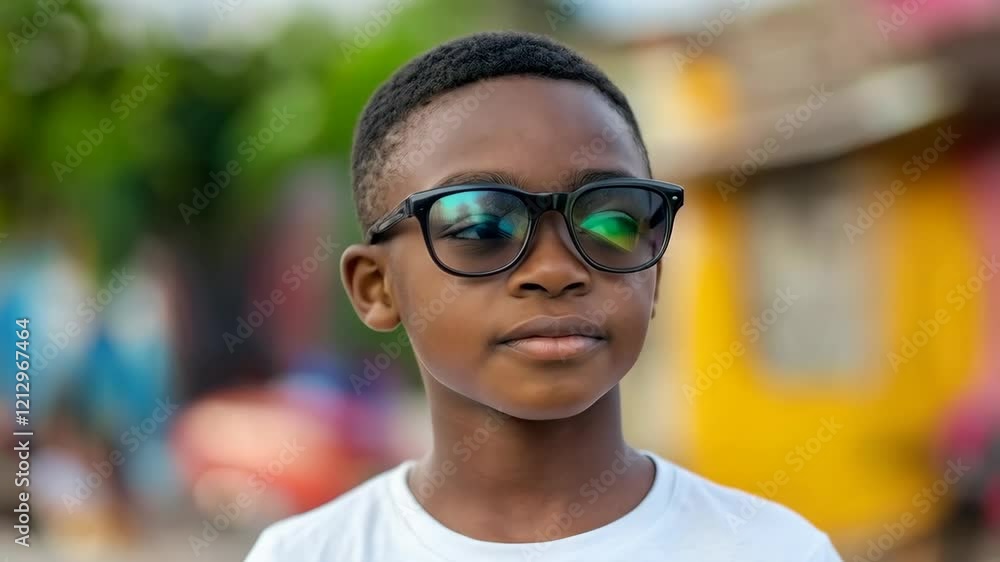 Joyful portrait of a young boy with glasses in a vibrant outdoor setting Joyful portrait of a young boy with glasses in a vibrant outdoor setting