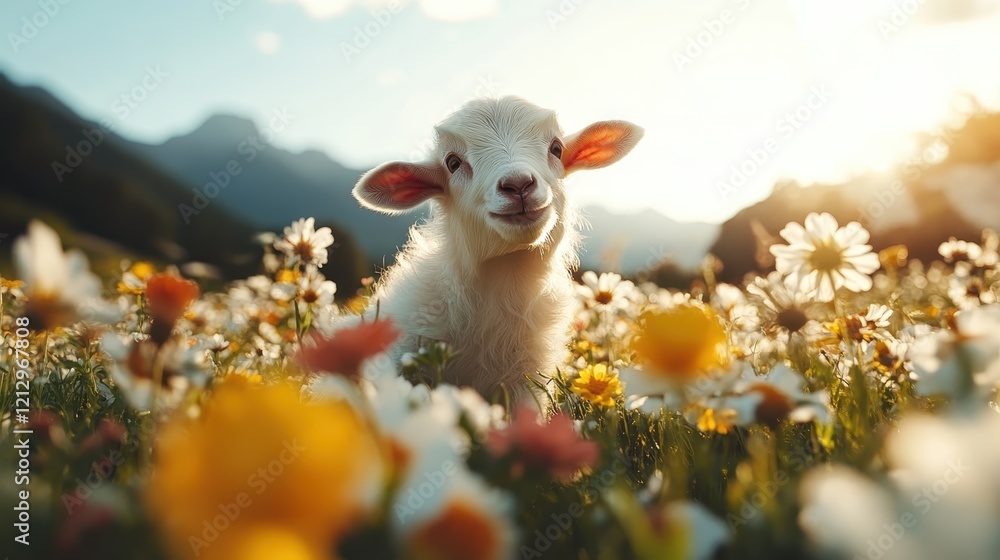 Experience the pure joy of a cheerful goat kid resting among daisies, reflecting the wonders of nature and the simple happiness found in rural landscapes. Experience the pure joy of a cheerful goat kid resting among daisies, reflecting the wonders of nature and the simple happiness found in rural landscapes.