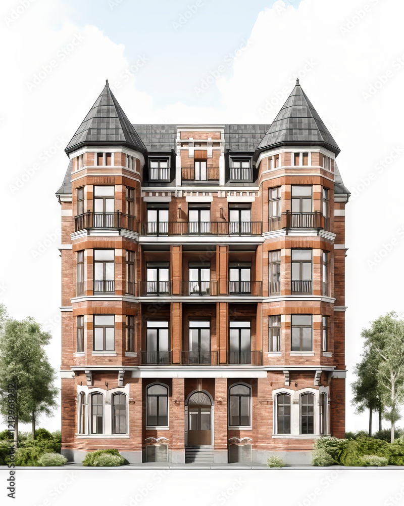 Fototapeta premium A cozy suburban duplex with a clean brick facade, white-framed windows, and a shared front yard