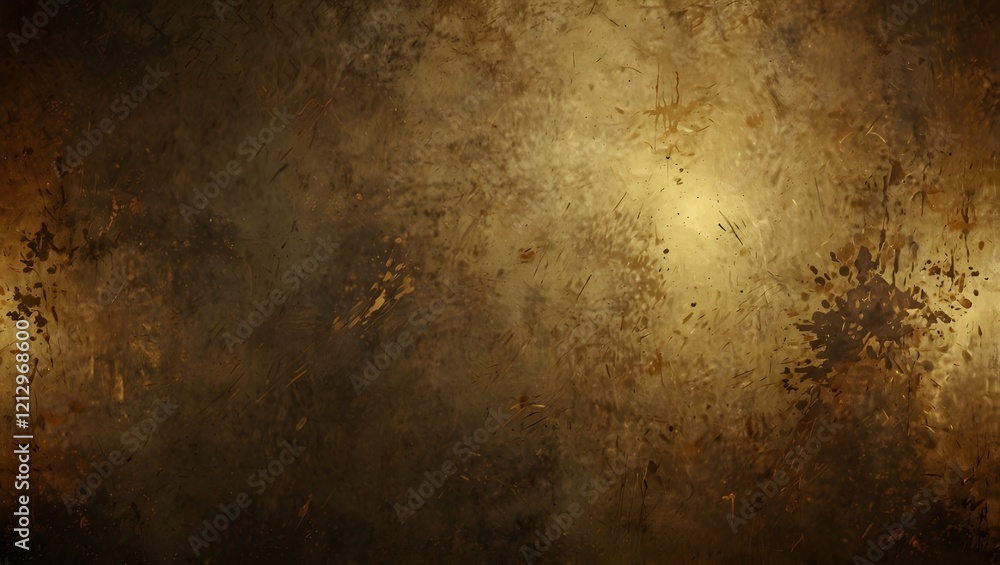 Obraz premium A mottled, golden surface with dark areas and scratches. It's a worn, textured background for a design project.