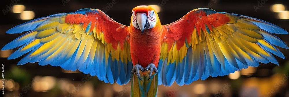 Obraz premium Colorful parrot displays vibrant wings under bright lights in a lively atmosphere