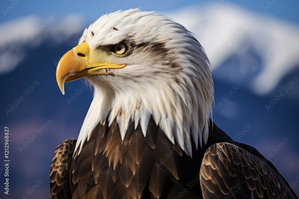 Fototapeta premium Awe-Inspiring American Bald Eagles in their Natural Habitat: Perched on a Mountain with Blue Sky Background (3:2 ratio)