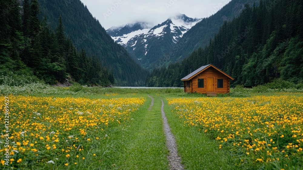 Obraz premium Secluded cabin in mountain meadow, wildflowers, travel