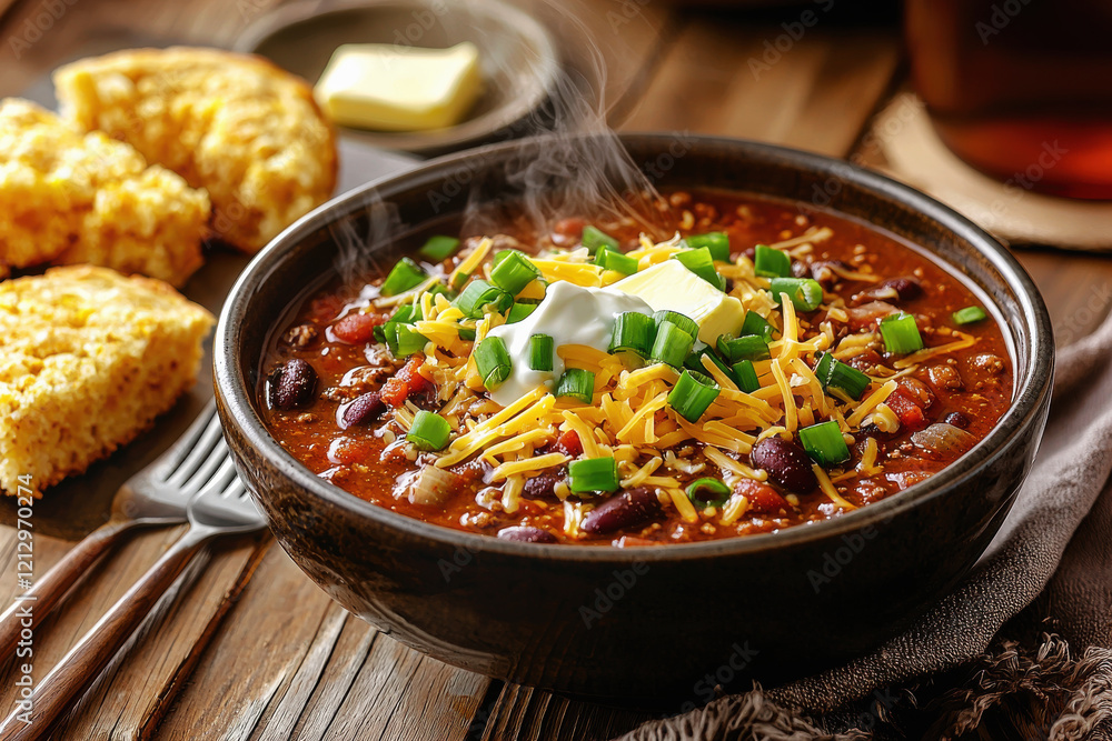 Enjoying a comforting bowl of hearty chili with cornbread and butter in a warm, rustic setting Enjoying a comforting bowl of hearty chili with cornbread and butter in a warm, rustic setting