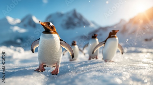 A dynamic scene featuring Gentoo penguins waddling across a snowy landscape, embodying resilience and charm as they navigate their cold environment with grace and ease. photo