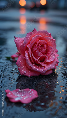 pink rose with water drops Vibrant Red-Pink Rose With Water Droplets On Reflective Surface