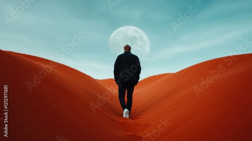 A person walks through a scenic desert landscape, illuminated by a full moon, representing the journey of self-discovery amid the beauty and solitude of nature's wonders. photo