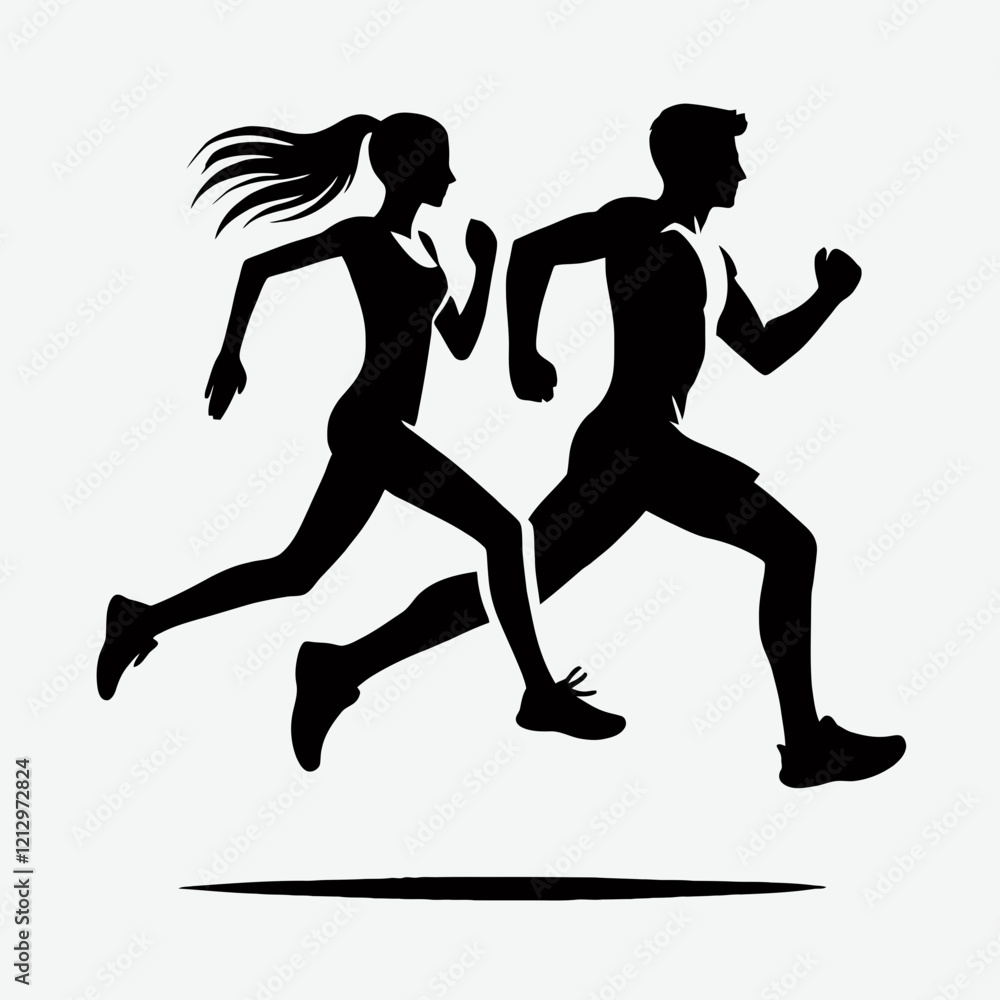 Running Couple Silhouette in black on a white background Running Couple Silhouette in black on a white background
