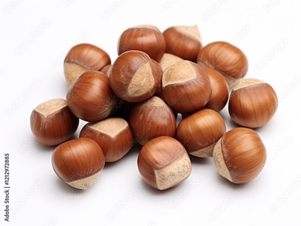 Brown Hazelnuts Closeup: Whole and Halves on White Background. Marco Cut of Dried Filbert. Epicure Fruit and Food Brown Hazelnuts Closeup: Whole and Halves on White Background. Marco Cut of Dried Filbert. Epicure Fruit and Food