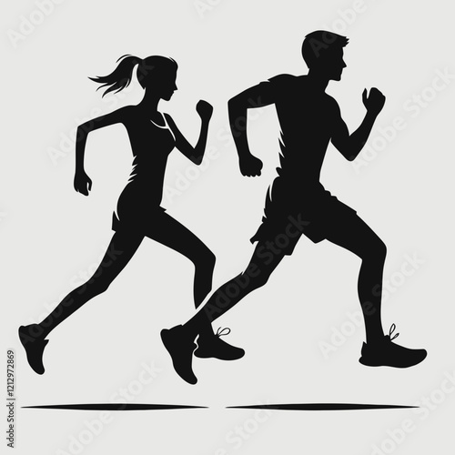 Running Couple Silhouette in black on a white background