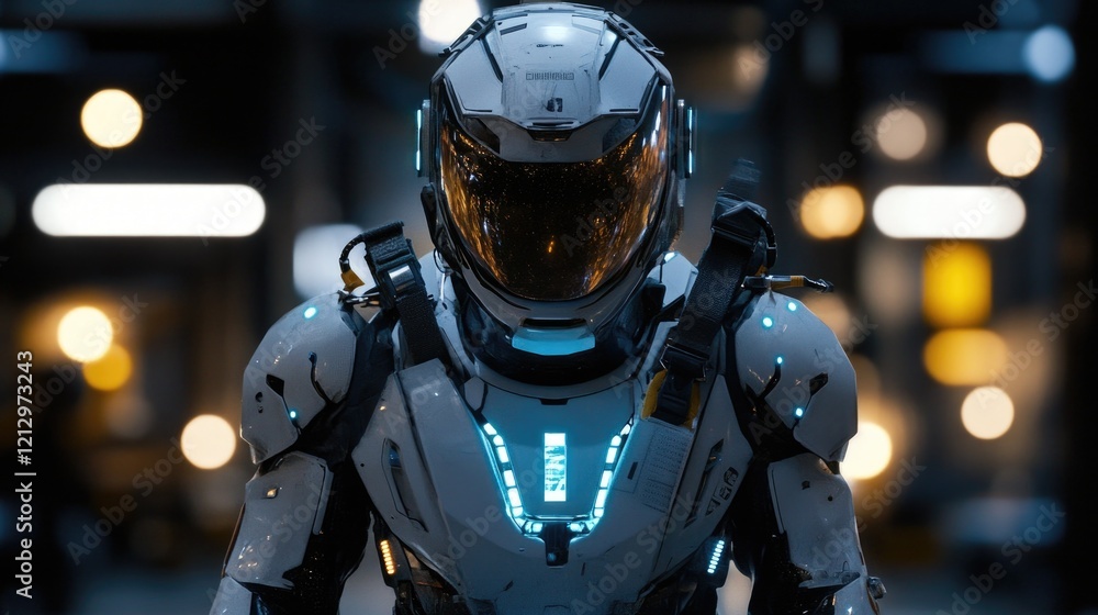 Futuristic humanoid in a glowing white suit with a dark bokeh background 60 Futuristic humanoid in a glowing white suit with a dark bokeh background 60