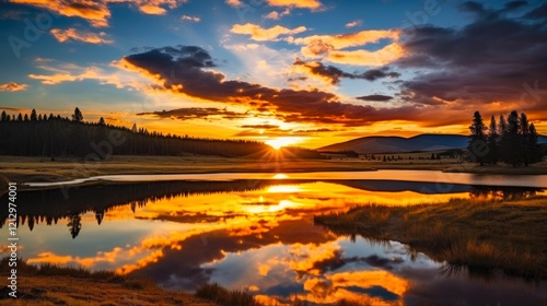 Captivating Sunset over the Serene Hayden Valley in Yellowstone National Park, Wyoming, US photo