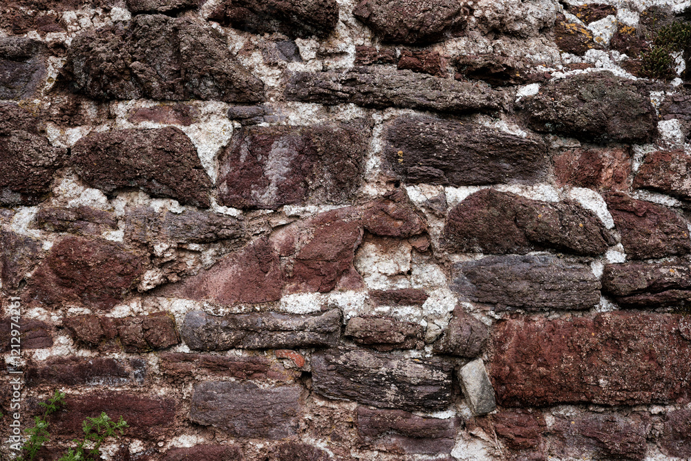 A wall made of stone with a rough texture. The wall is brown and white