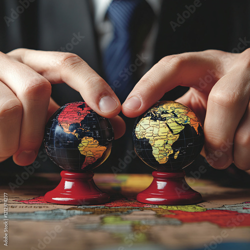 Artistic depictions of geopolitical themes with maps, chess pieces, and globes, symbolizing alliances, power struggles, and global strategies for political and creative concepts photo