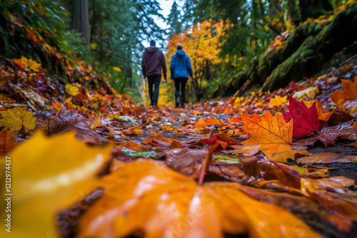 Autumn hikers enjoy vibrant foliage along a peaceful forest trail in the afternoon