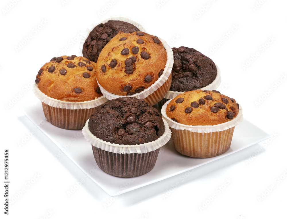 Fototapeta Muffiny czekoladowe i waniliowe z kawałkami czekolady kompozycja na białym tle