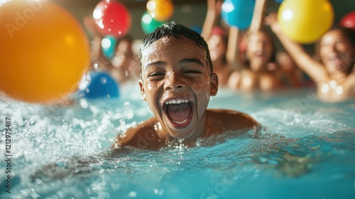 A lively scene captures a joyful child splashing in a vibrant pool filled with colorful balls, showcasing the excitement of summer fun and carefree childhood moments. photo