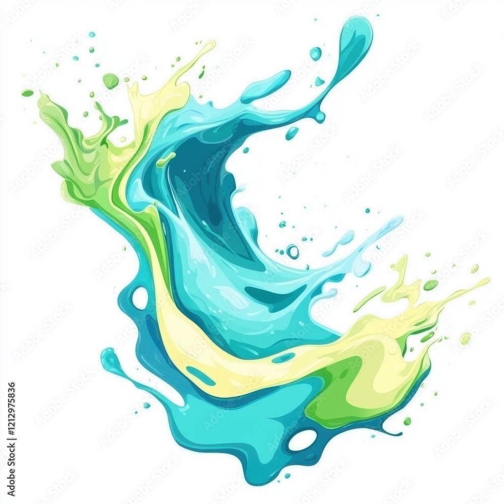 Dynamic Water Splash Art, Turquoise-Lime Blend, Vector Illustration, Crisp White Background, Creative Flow Concept Dynamic Water Splash Art, Turquoise-Lime Blend, Vector Illustration, Crisp White Background, Creative Flow Concept