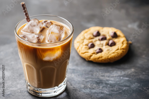 Iced coffee with chocolate chip cookie on a dark countertop for afternoon treat