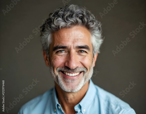 Middle-aged man, silver gray hair, warm smile, beard stubble, light blue shirt, soft lighting, neutral background, portrait, friendly expression, crow's feet, confidence photo