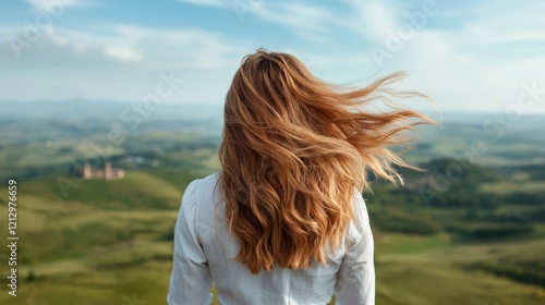 A woman with long blonde hair gazes out over breathtaking rolling hills, encapsulating the beauty of nature and instilling a sense of freedom and possibility. photo