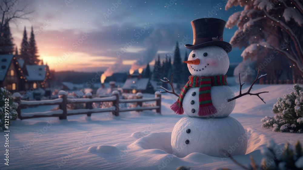 Obraz premium A cheerful snowman stands proudly in a snowy landscape, wearing a black top hat and a colorful scarf, as the sun sets behind a cozy winter village.
