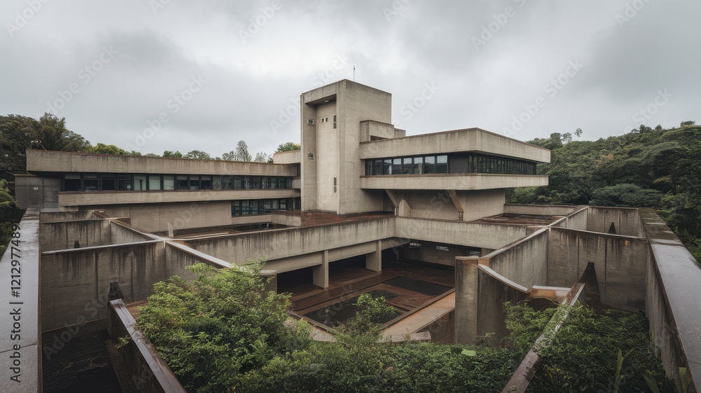 A modern architectural building surrounded by lush greenery under a cloudy sky, showcasing angular lines and a rugged concrete facade. A modern architectural building surrounded by lush greenery under a cloudy sky, showcasing angular lines and a rugged concrete facade.