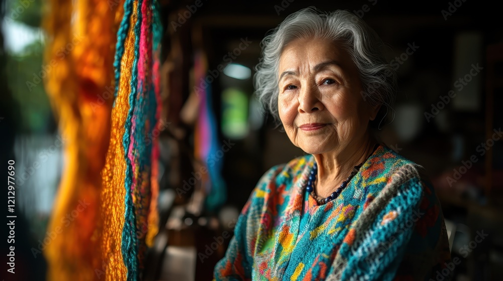 An elderly artisan gazes thoughtfully in her colorful studio, surrounded by vibrant threads, illustrating the richness of experience and passion for craftsmanship through age. An elderly artisan gazes thoughtfully in her colorful studio, surrounded by vibrant threads, illustrating the richness of experience and passion for craftsmanship through age.