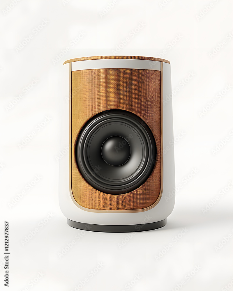 Obraz premium Modern speaker design showcasing sleek lines and warm wood accents in a minimalist setting