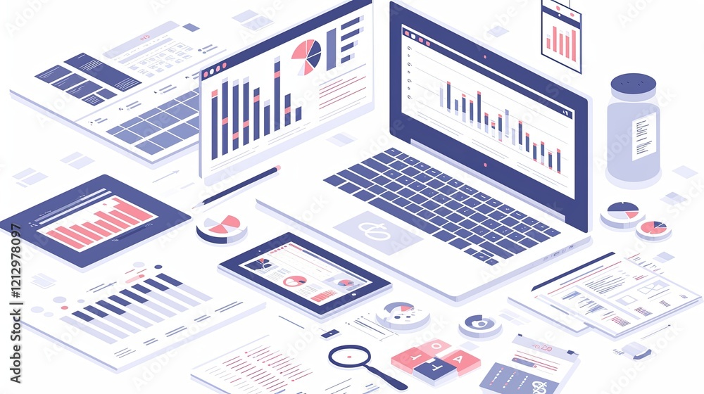 Digital workplace with data analytics and finance graphs on devices Digital workplace with data analytics and finance graphs on devices