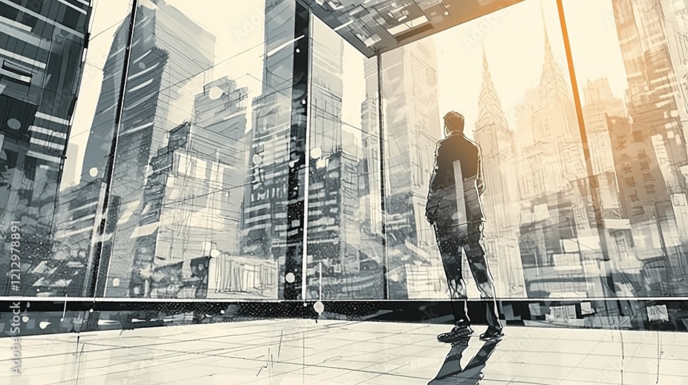 Obraz premium Businessman gazing at urban cityscape through large office building window