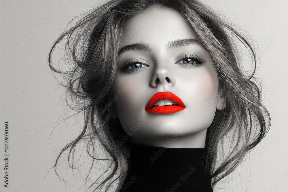 Fototapeta premium Elegant black and white portrait showcasing bold red lips and natural beauty