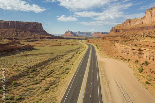 Scenic highway stretches through expansive desert landscape under blue sky
