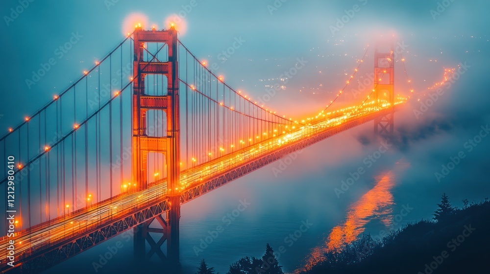 Fototapeta premium Foggy Golden Gate Bridge night traffic