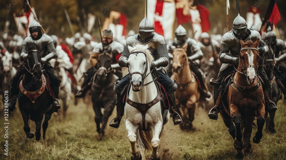 Knights on horseback advance in formation across a grassy terrain, displaying their armor and banners. The event captures the spirit of medieval warfare amid a vibrant autumn backdrop Knights on horseback advance in formation across a grassy terrain, displaying their armor and banners. The event captures the spirit of medieval warfare amid a vibrant autumn backdrop