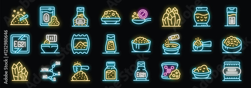 Glowing neon icons illustrate different aspects of food additive e621, from crystal structure to packaging and application