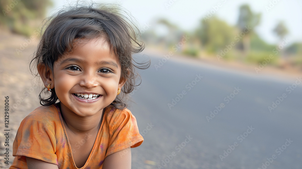 A happy child's smile radiates pure joy, lighting up their face on road background A happy child's smile radiates pure joy, lighting up their face on road background