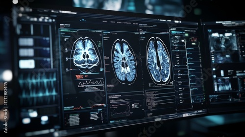 High-resolution brain scans are displayed on multiple screens in a modern medical facility. The setting is illuminated by soft lighting, emphasizing the intricate details of the scans photo