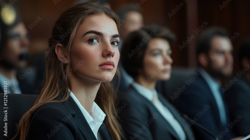 A young woman in business attire focuses on the speaker in a corporate conference room. Surrounding her are colleagues engaged in the presentation with serious expressions A young woman in business attire focuses on the speaker in a corporate conference room. Surrounding her are colleagues engaged in the presentation with serious expressions