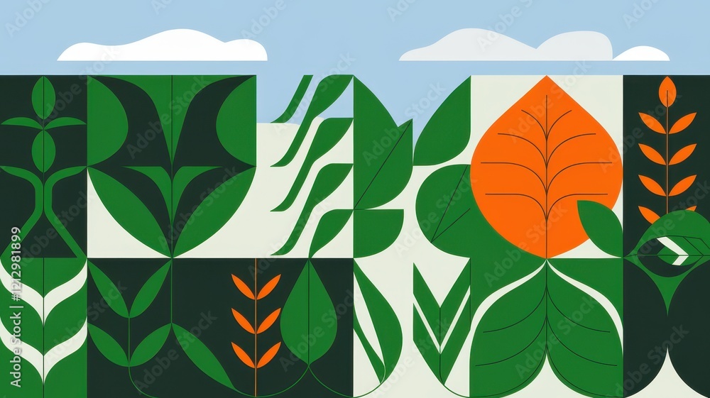 Naklejka premium A vibrant, abstract mural featuring a mix of green leaves and an orange leaf against a light blue sky, evoking nature and creativity.